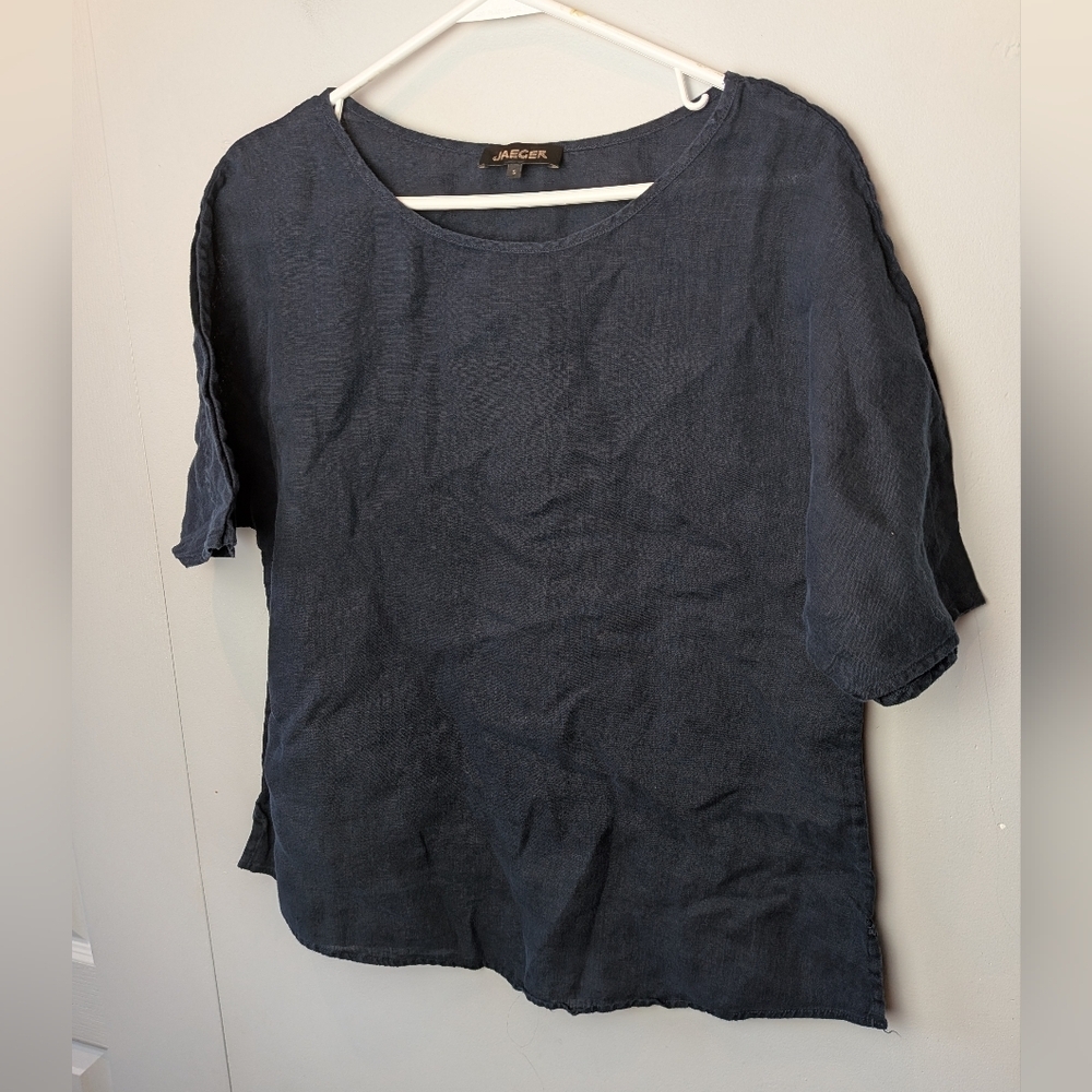 JAEGER 100% Linen Women Top Navy Blue Size Small Loose Fit Short Sleeves